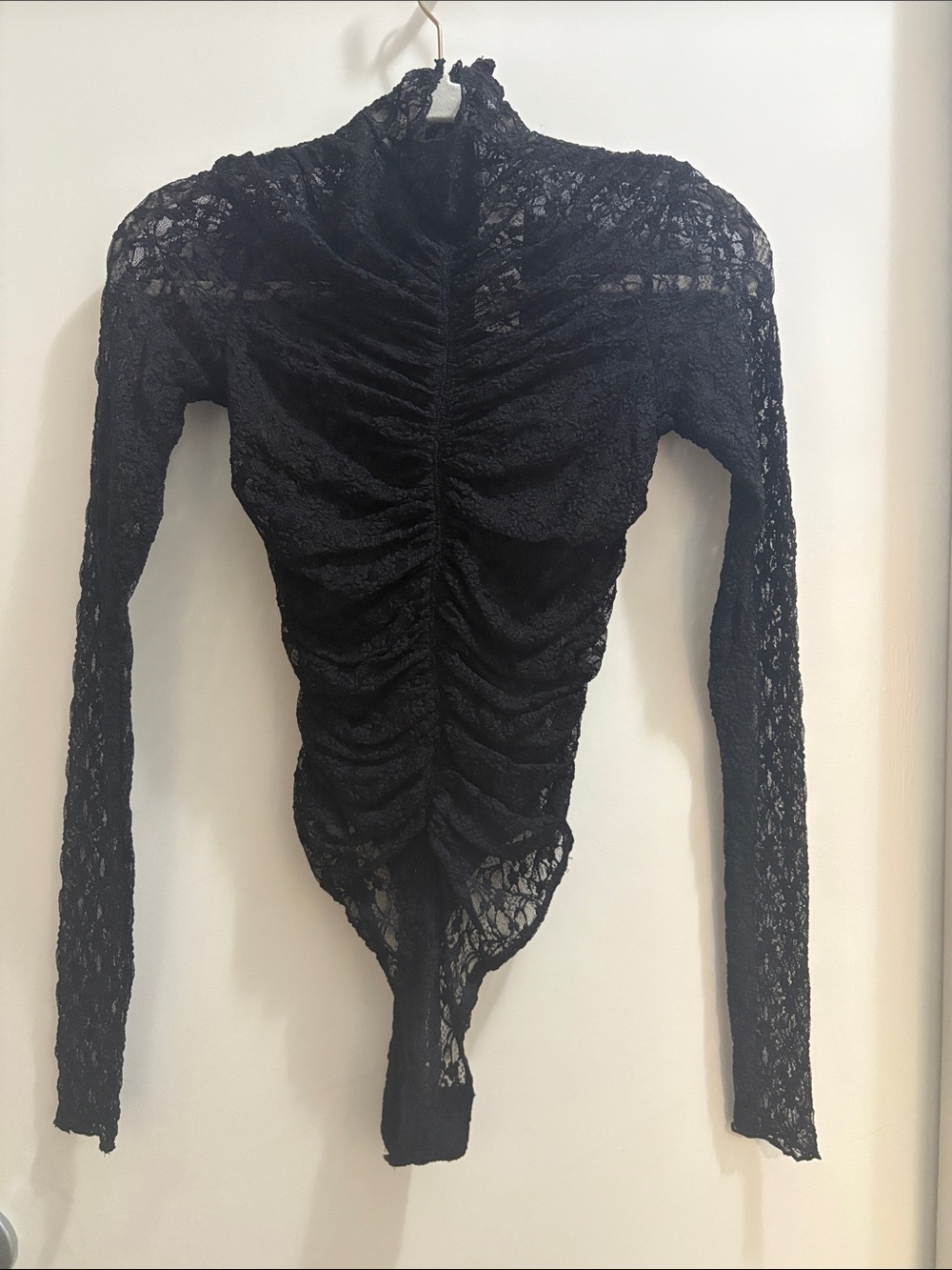 naked wardrobe Black Lace Ruched High-Neck Bodysuit